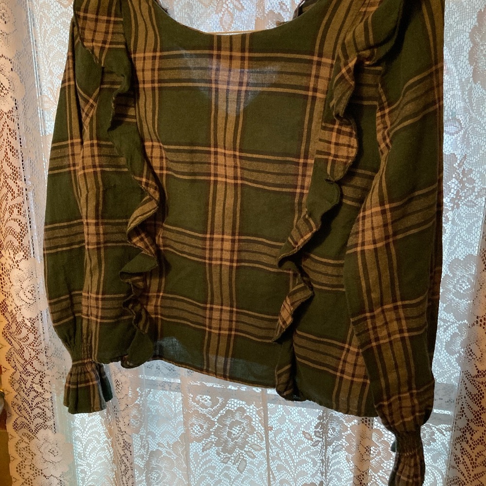 Green flannel ruffle blouse